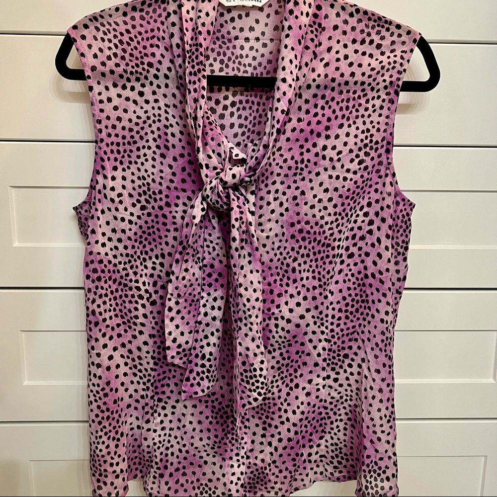 St John Silk Blouse Tie Neck Pink Purple Black. Fits a medium sized person
